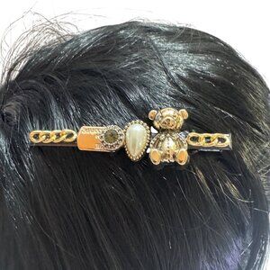 Gold Teddy Bear Hair Clip Chain Pearl Rhinestone Accents Barrette Alligator Clas